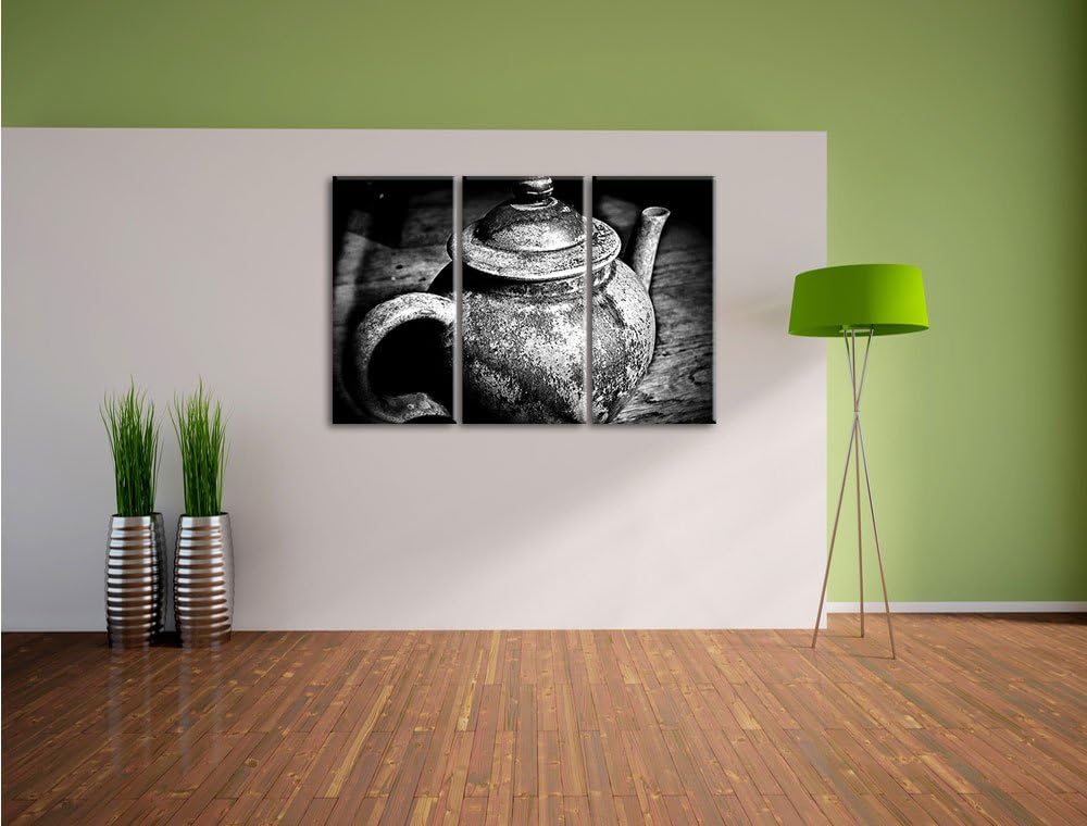 Pixxprint Monocrome, stilvolle alte Teekanne aus Keramik 3-Teiler Leinwandbild 120x80 Bild auf Leinw