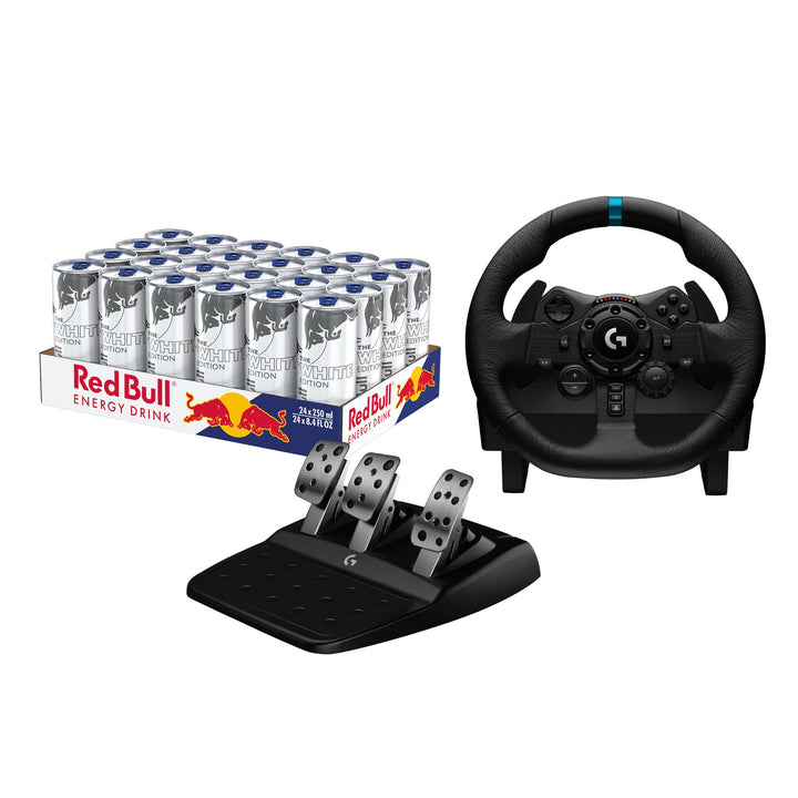Red Bull Energy Drink White Edition - 24er Palette Dosen + Logitech G923 TRUEFORCE Gaming Rennlenkra