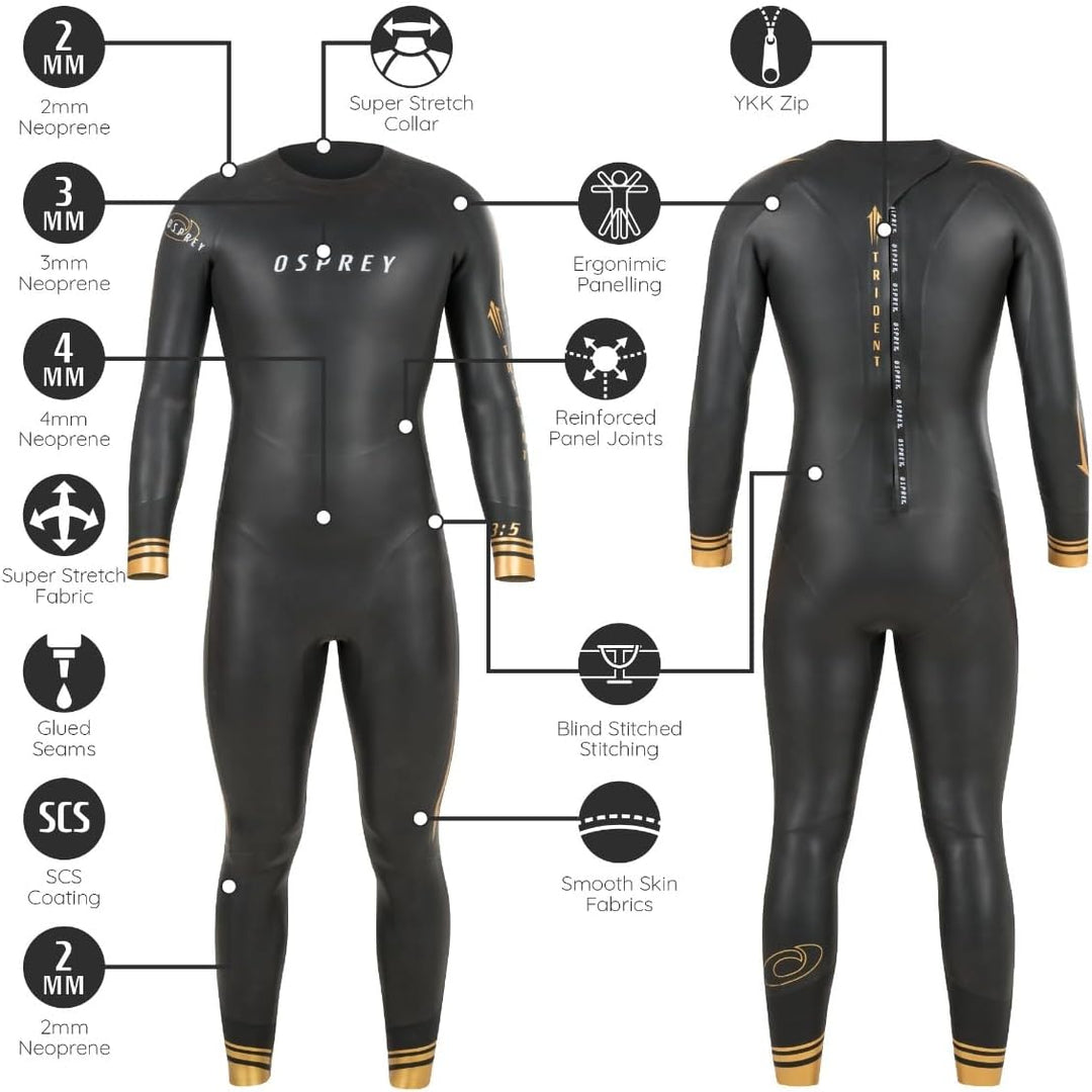Osprey Herren WST0060 Trident, Triathlon-Sommer-Neoprenanzug, volle Länge, 3 mm Tri-Suit, Schwarz, S
