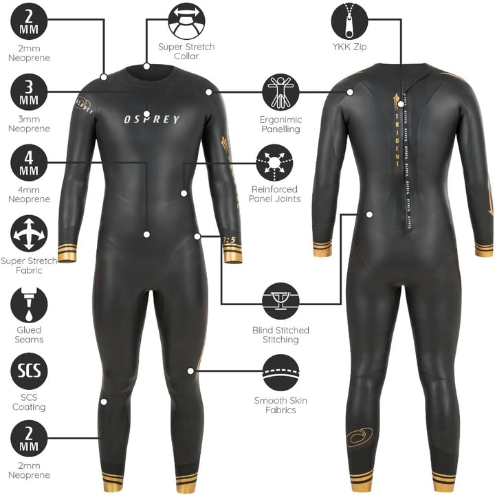 Osprey Herren WST0060 Trident, Triathlon-Sommer-Neoprenanzug, volle Länge, 3 mm Tri-Suit, Schwarz, S