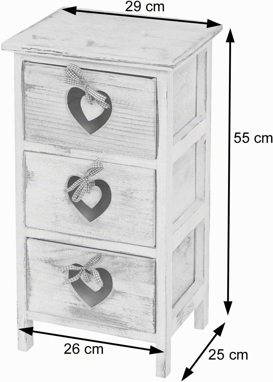 Mendler Kommode Forli, Schubladenkommode Schrank, 3 Schubladen mit Herzen 55x29x25cm, Shabby-Look, V