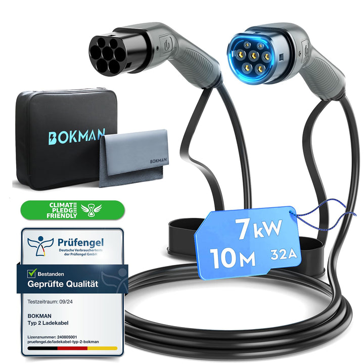 bokman Typ 2 Ladekabel, 7,2 kW / 32A / 1-Phasig / 10 Meter/Modus 3, Typ 2 auf Typ 2 EV Ladekabel für
