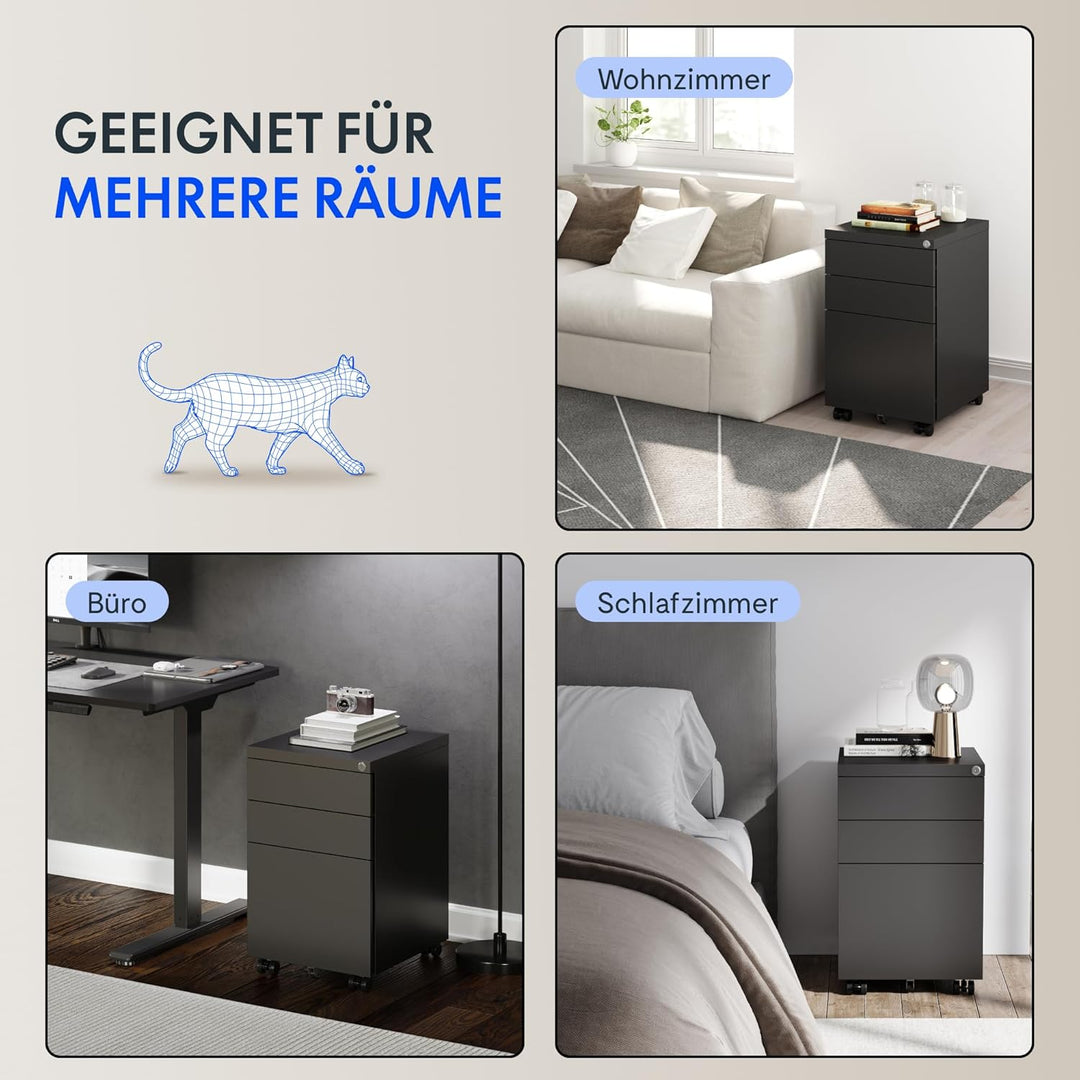 FlexiSpot Rollcontainer mit 3 Schubladen, mobiler Aktenschrank mit Rollen, Schubladenschrank Bürosch
