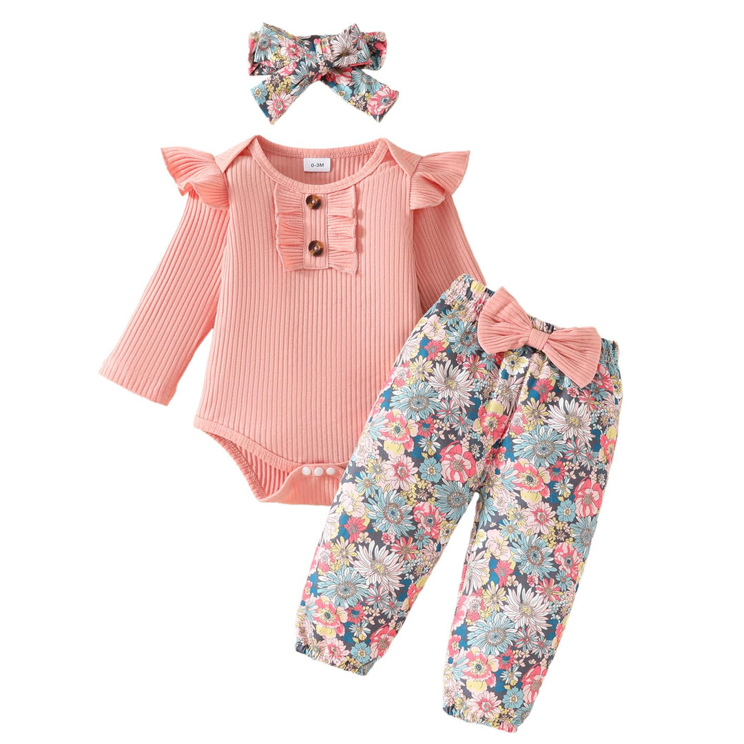 Neugeborenes Baby Mädchen Kleidung Kleinkind Gerippt Ruffle Lange Ärmel Strampler+ Floral Hosen+ Sti