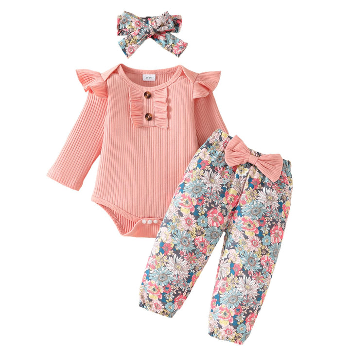 Neugeborenes Baby Mädchen Kleidung Kleinkind Gerippt Ruffle Lange Ärmel Strampler+ Floral Hosen+ Sti