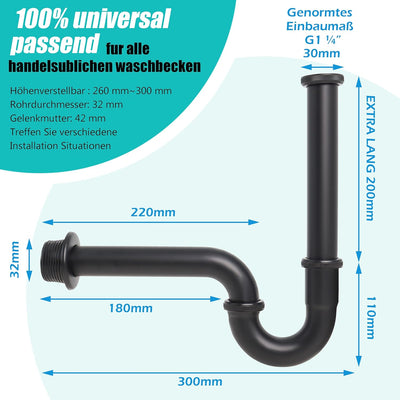 Siphon Waschbecken Schwarz【Extra Lang 200mm Tauchrohr】Universal Syphon Badezimmer Waschbecken 1 1/4"