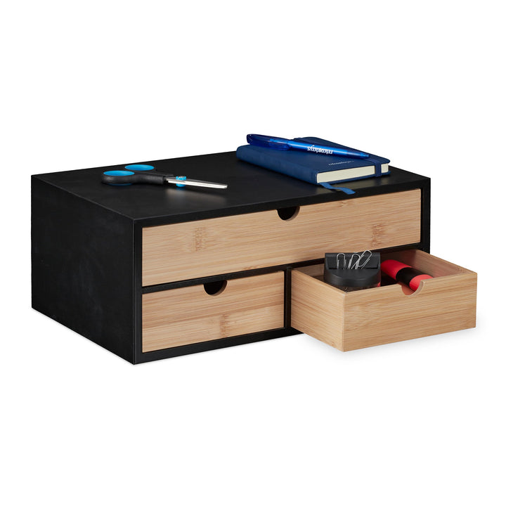 Relaxdays Schreibtisch Organizer, 3 Schubladen, Bambus & MDF, Schreibtischbutler Büro, HBT: 13,5x33x