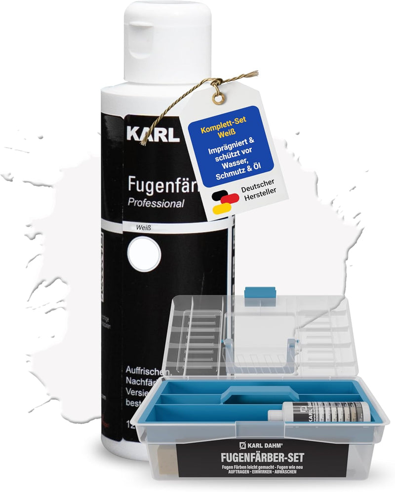 Karl Dahm – Fugenfärber-Set Weiss im Koffer I Fugenreparatur-Set mit Fugenfärber 120 ml (Fugenfarbe