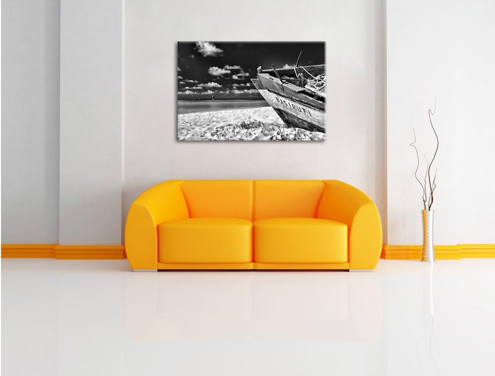 Monocrome, Boot am Strand, Format: 100x70 auf Leinwand, XXL riesige Bilder fertig gerahmt mit Keilra
