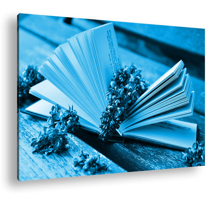 deyoli Aufgeschlagenes Buch mit Fliederzweigen Format 80x60 Effekt: Monocrome Blau als Leinwandbild,