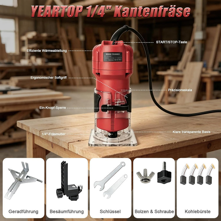 YEARTOP Kantenfräse Holz 800W, Oberfräse Set mit 6tlg. Fräsern in Holzbox, 31000 U/min Einhandfräse