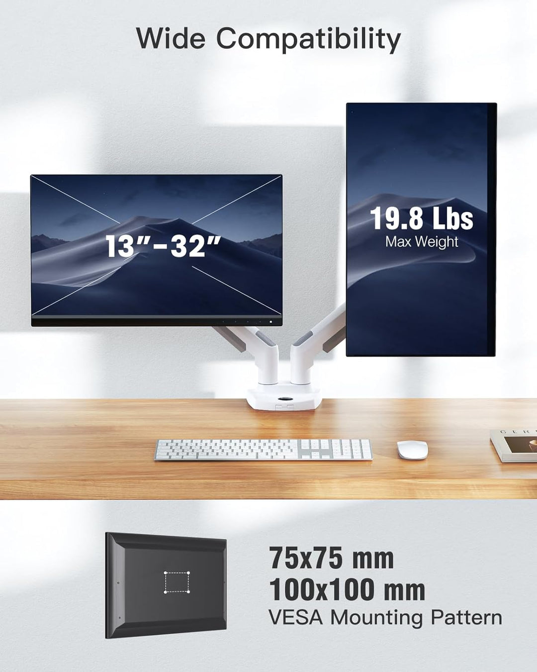 HUANUO Weiss Monitorhalterung Für 2 Monitore, Geeignet Für 13 Bis 32 Zoll Bildschirme, Höhenverstell