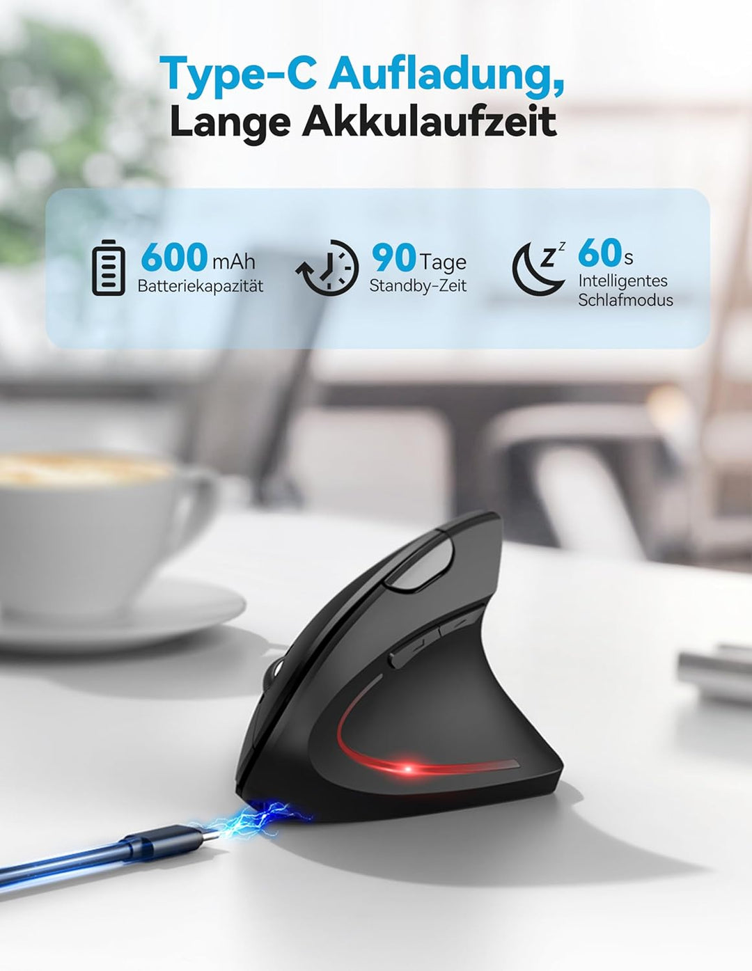 TECKNET Ergonomische Bluetooth Maus, Jiggler Wiederaufladbar Kabellose Maus (BT 5.0/3.0 + 2.4G), 6 E