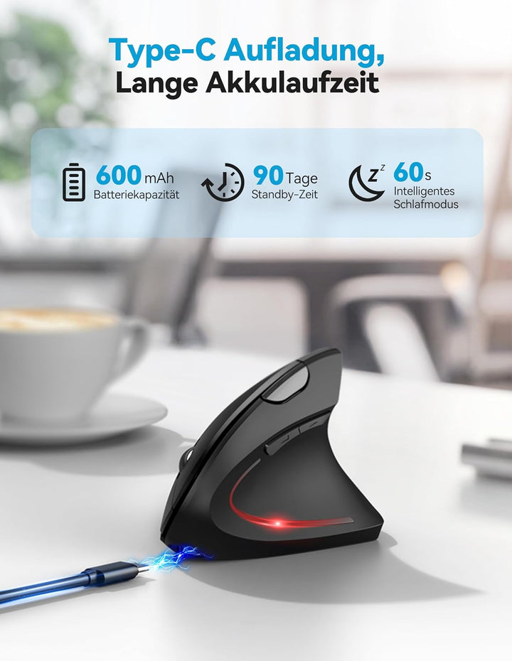 TECKNET Ergonomische Bluetooth Maus, Wiederaufladbar Kabellose Vertikale Maus (BT 5.0/3.0 + 2.4G), 6