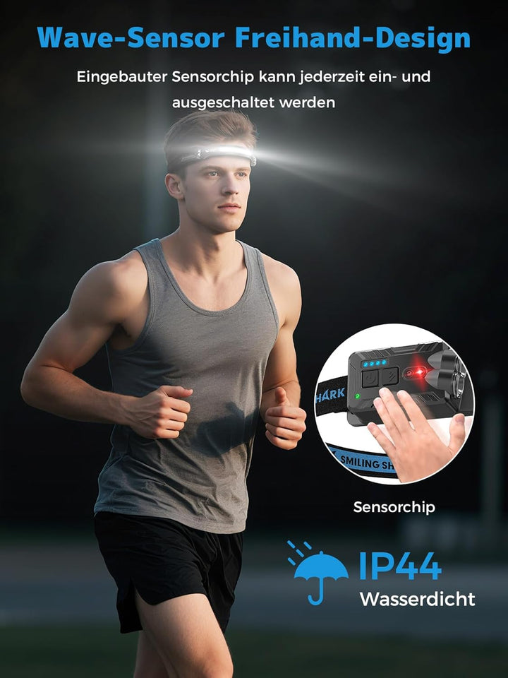 Smiling Shark Kopflampe, 2400mAh Ultra-Helle Wiederaufladbare Headlamp Weisses Licht & 2*Scheinwerfe