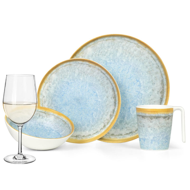 Melamin Camping Geschirr Set 4 Personen Crystal Blue + 4 Timo Weiss Weingläser Tafelgeschirr Picknic