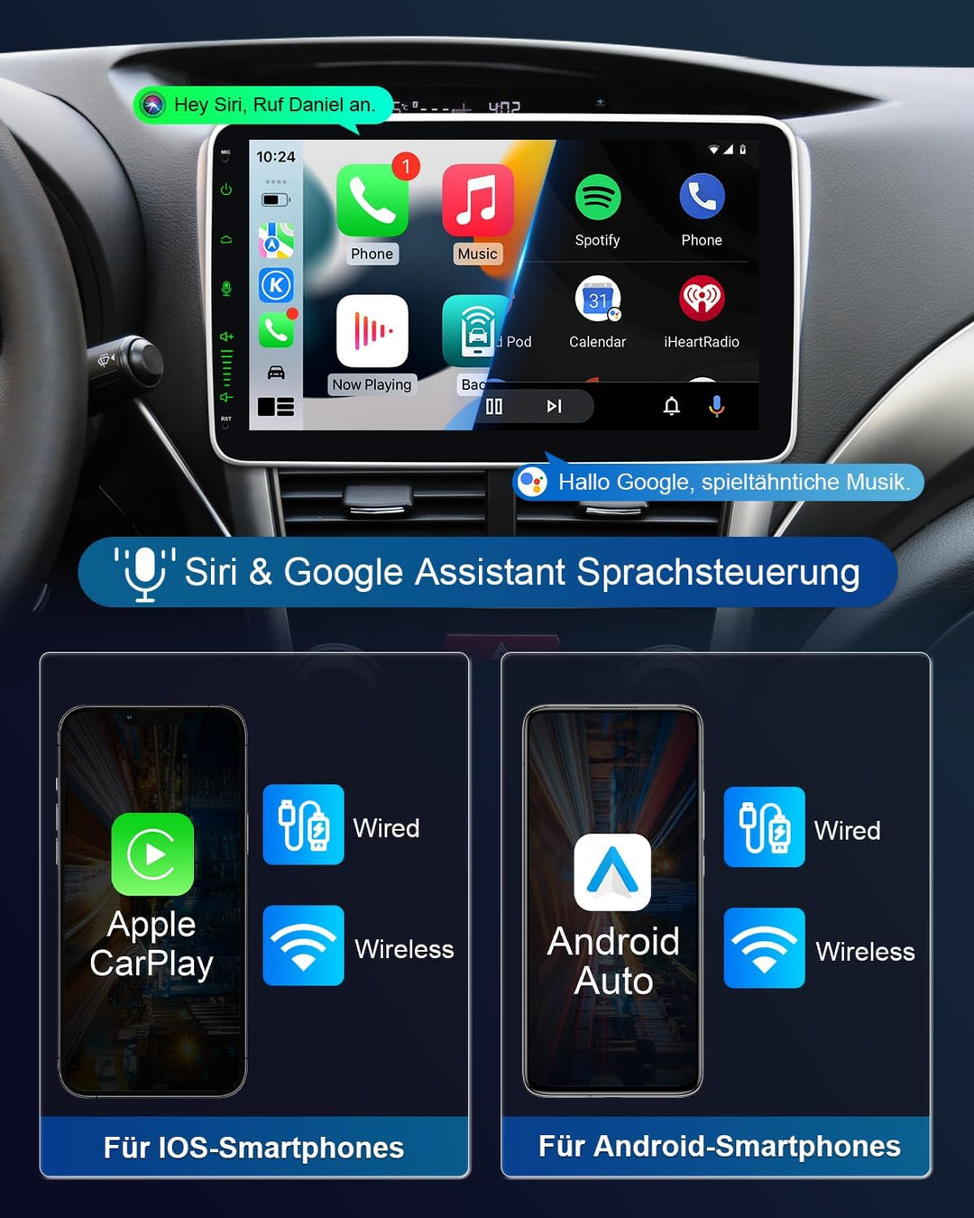 Autoradio 1Din mit 10 Zoll Bildschirm, 1 DIN Car Radio mit Wireless Apple CarPlay & Android Auto, Bl