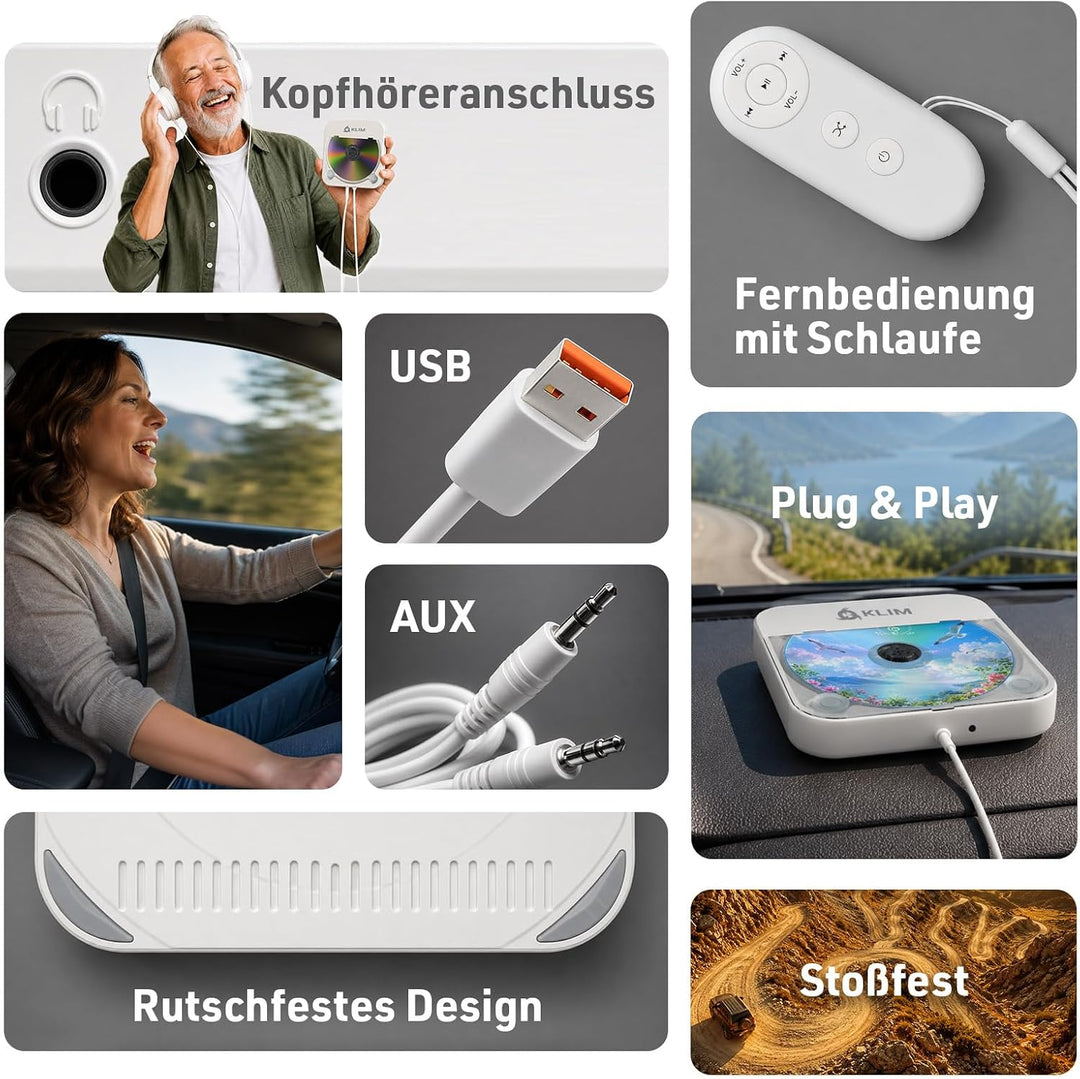 KLIM CD Player für Auto – Tragbarer USB CD Player, Externes CD-Laufwerk fürs Auto, Anti-Schock, Plug