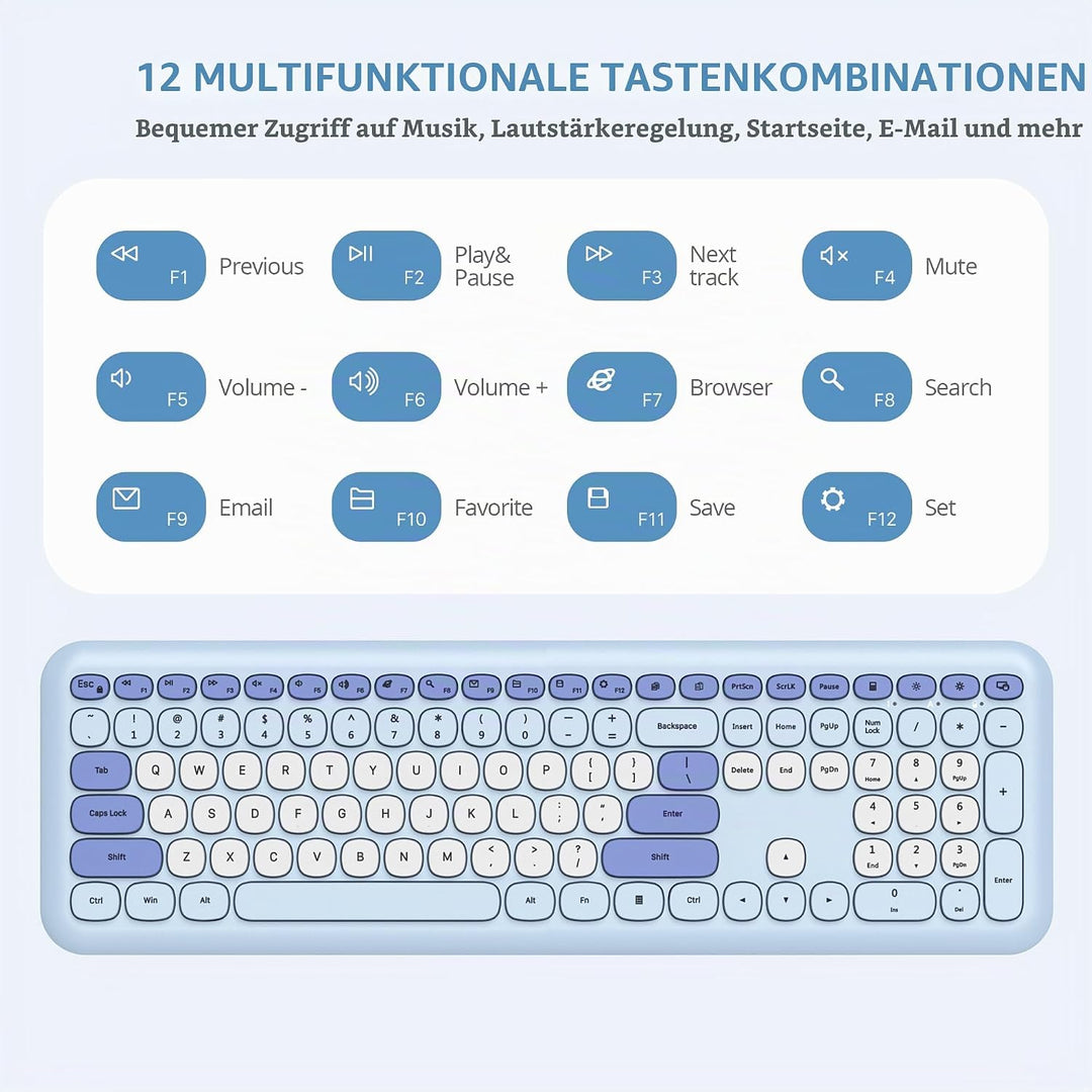 SOLIDEE Buntes kabellose Tastatur und Maus-Kombination,2.4GHz Retro Schreibmaschine Tastatur,104 Tas