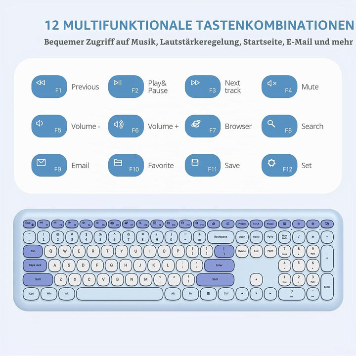 SOLIDEE Buntes kabellose Tastatur und Maus-Kombination,2.4GHz Retro Schreibmaschine Tastatur,104 Tas