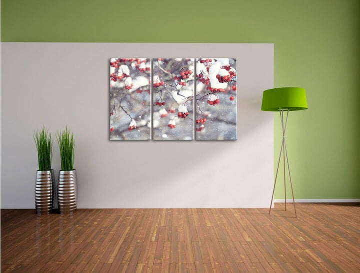 Pixxprint Vogelbeeren mit Schnee bedeckt als Leinwandbild/Grösse: 3 Teilig (120x80) cm/Wandbild/Kuns