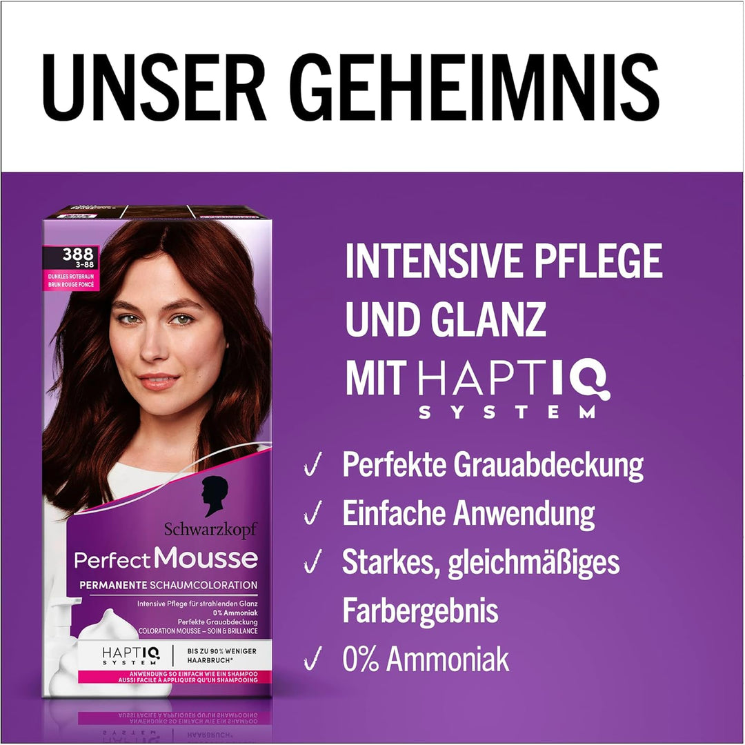 Schwarzkopf Perfect Mousse Permanente Schaumcoloration 388/3-88 Dunkles Rotbraun (3x93 ml), Haarfarb