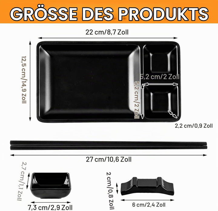 16-tlg. Japanisches Sushi Set Schwarz - Japanese Geschirr aus Melamin Enthält 4 Parr Sushi Stäbchen,