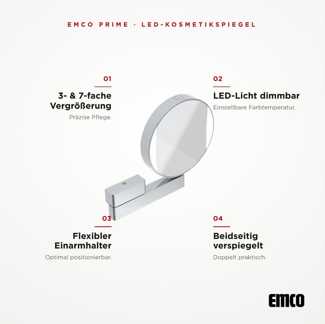 Emco Universal LED Kosmetik- und Rasierspiegel am Flexarm, runder Kosmetikspiegel mit Beleuchtung zu