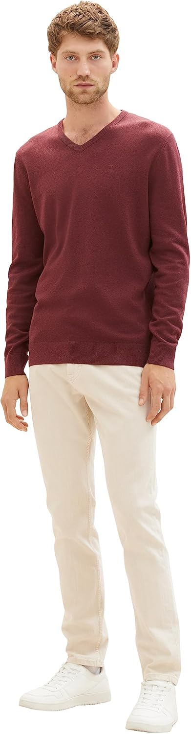 TOM TAILOR Herren Basic Strickpullover mit V-Ausschnitt XXL 32620 - Tawny Port Red Melange, XXL 3262