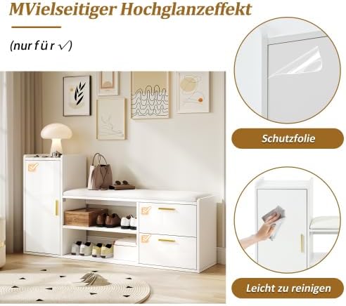 Merax Schuhschrank mit Sitzbank – Hochglanz Schuhregal mit 2 Schubladen, 1 Schrank und gepolsterter