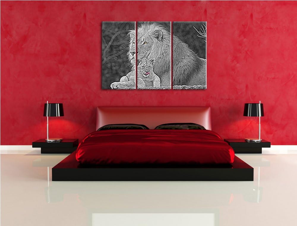 liebevolle Löwe kuschelt mit kleinem Jungtier schwarz/weiss Deluxe 3-Teiler Leinwandbild 120x80 Bild