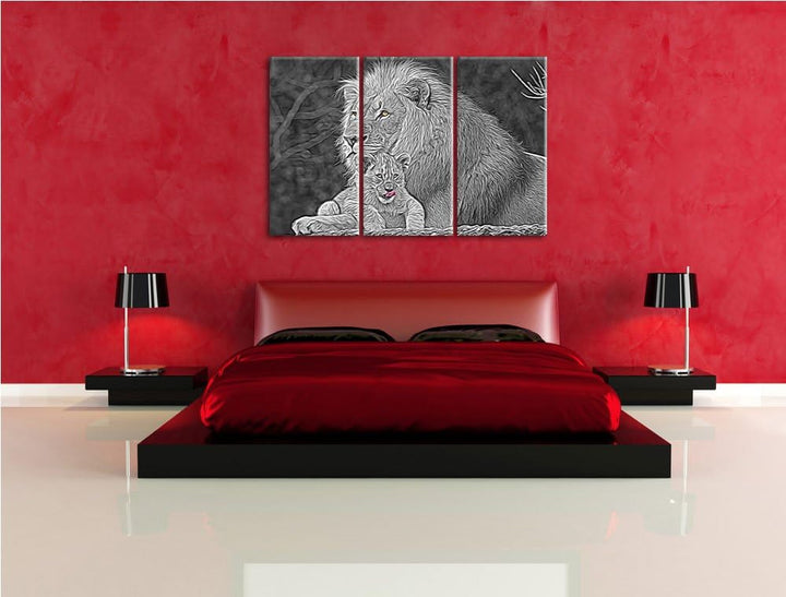 liebevolle Löwe kuschelt mit kleinem Jungtier schwarz/weiss Deluxe 3-Teiler Leinwandbild 120x80 Bild
