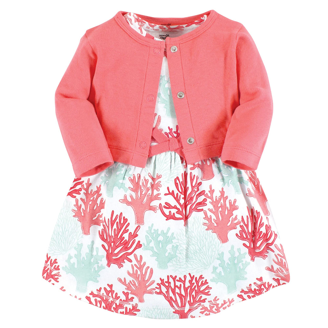 Touched by Nature Mädchen Kleid und Strickjacke aus Bio-Baumwolle Lässiges Kleid 3-6 Monate Koralle
