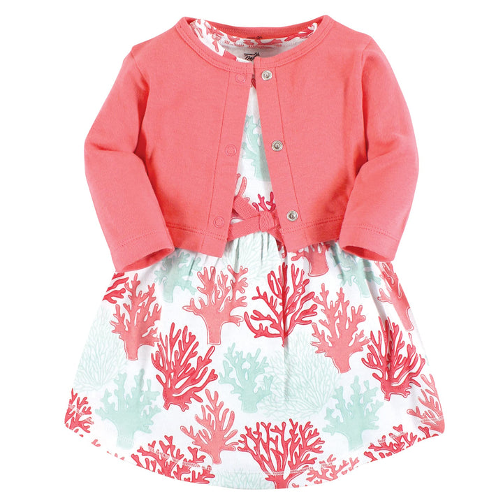 Touched by Nature Mädchen Kleid und Strickjacke aus Bio-Baumwolle Lässiges Kleid 3-6 Monate Koralle
