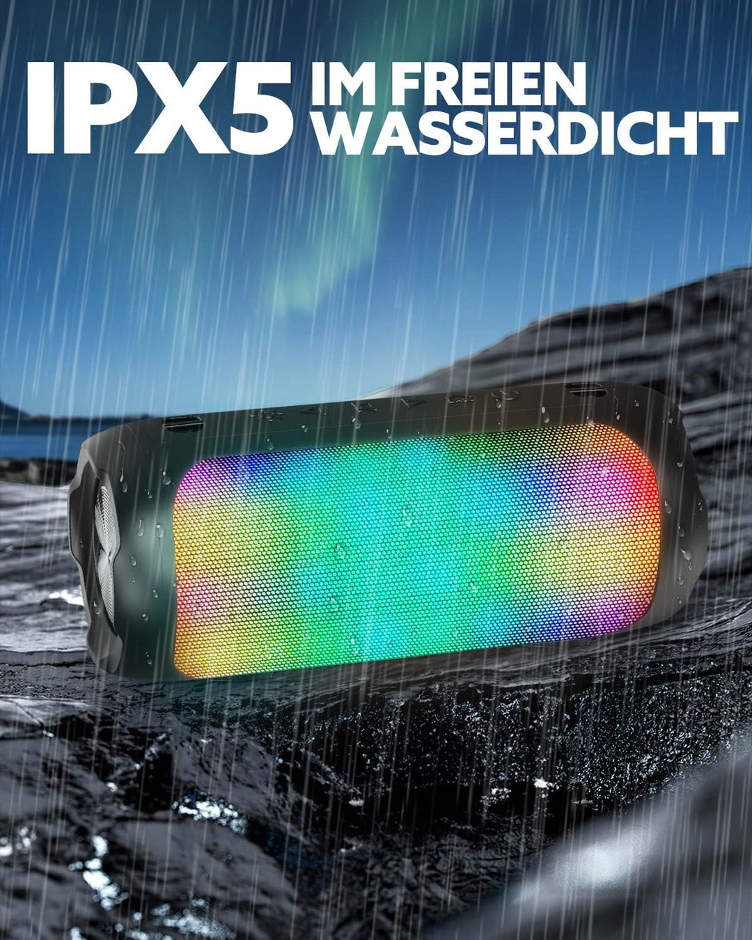 Bluetooth Lautsprecher mit 6 RGB-Lichter, Bluetooth 5.1 Tragbarer Box, 30W Dual Lautsprecher, TWS Pa
