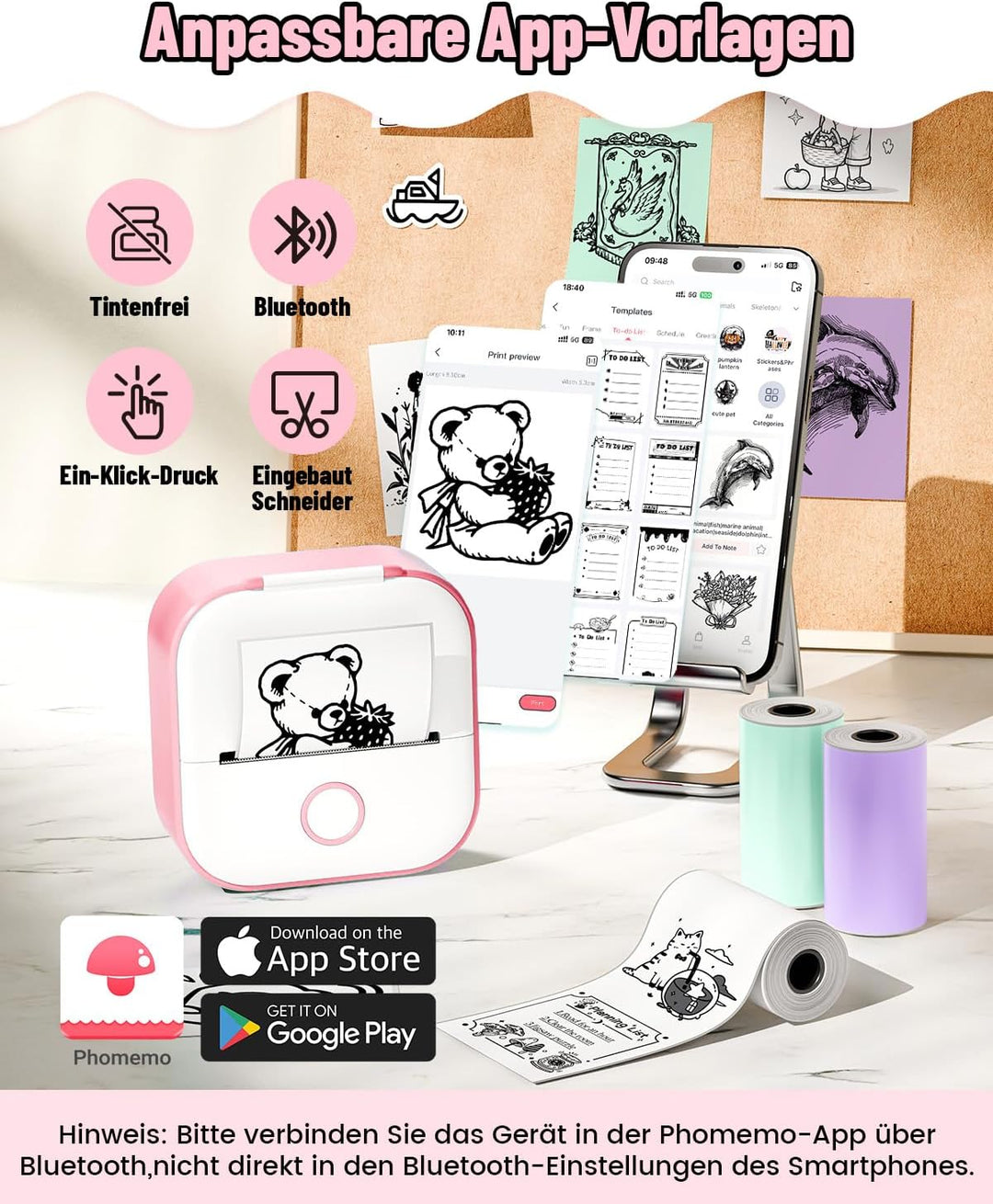 Phomemo Mini Etikettendrucker,T02 Sticker Fotodrucker für Smartphone,Handy Thermodrucker klein mit 3