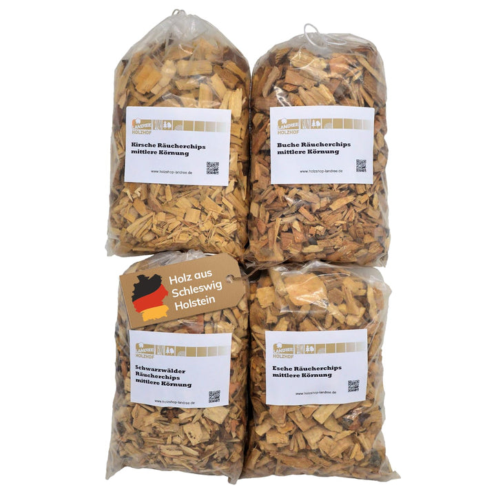 Landree Räucherchips Set 4 x 2 Liter, Räucherspäne, Räuchermehl Kirsche, Buche, Schwarzwälder, Esche