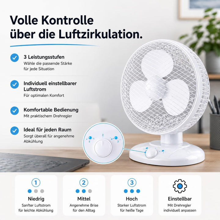 Everhomely Tragbarer Tischventilator 30 cm mit Schwenkfunktion – leiser Ventilator mit 3 Geschwindig