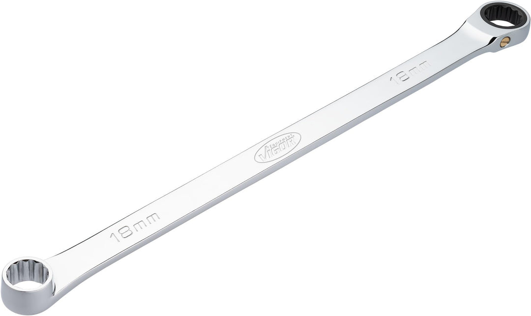 ViGOR Ratschen-Ringschlüssel V7031-18, extra lang, 18 mm SW, 388 mm Länge, 72 Zähne, verchromt und p