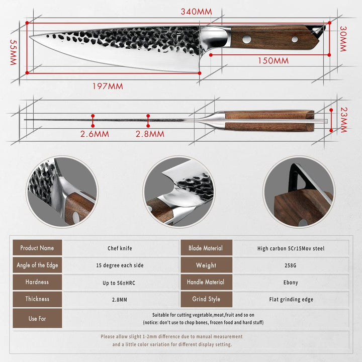 FANTECK Handgemacht Geschmiedete Kochmesser 20cm, Profi Messer aus Forged Stahl Hammer Klinge, Schar