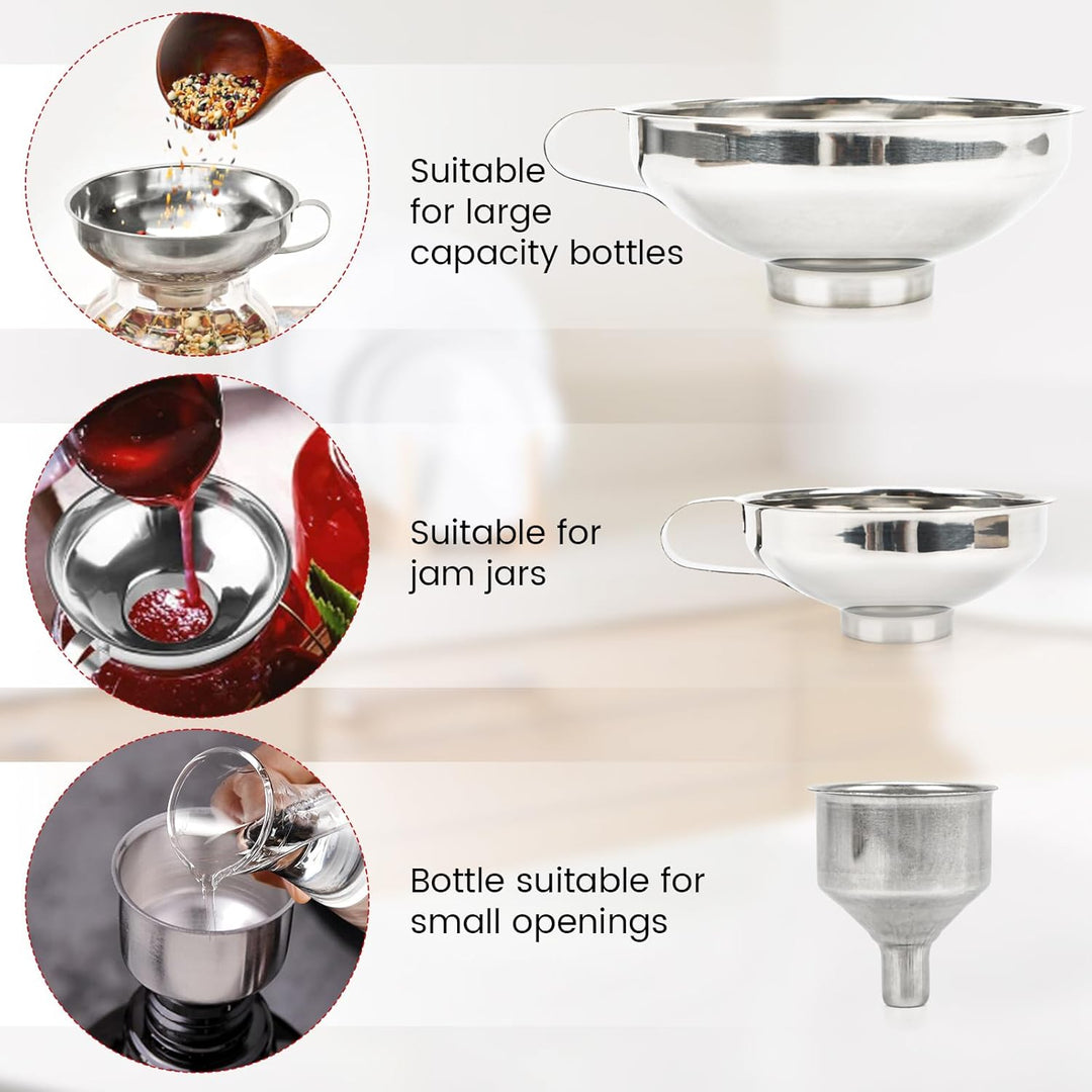 Edelstahl Trichterset 4-teilig mit Einmachgläser Heber & Trichter - 3 Grössen Küchentrichter Set für