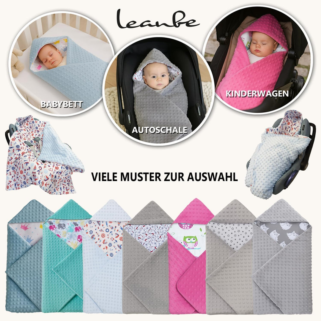 Baby Einschlagdecke Doppelseitig 86x86 cm Minky-Plüsch für Kinderwagen und Babybett (Grau Minky-Stör