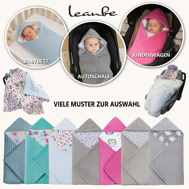 Baby Einschlagdecke Doppelseitig 86x86 cm Minky-Plüsch für Kinderwagen und Babybett (Grau Minky-Stör