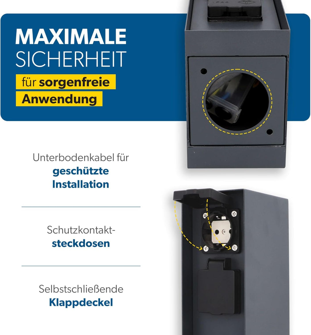 UNITEC Steckdosenverteiler für den Garten, Steckdosensäule mit Zeitschaltuhr, Aussensteckdose, Edels