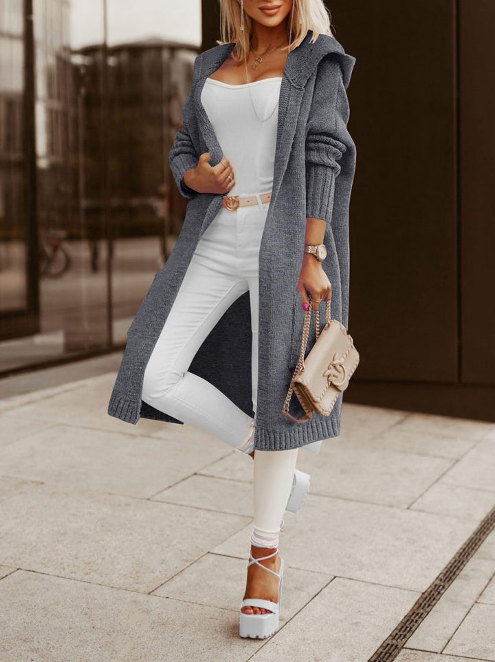 Tongmingyun Strickjacke Damen Lang Cardigan mit Kapuze Winter Grobstrickjacke Casual Lose Strickmant