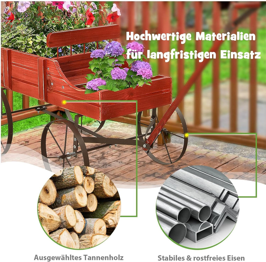 SOARS Blumenständer, Blumenwagen mit 4 Rädern aus Metall, Pflanzenständer aus Massivholz, Blumenkast
