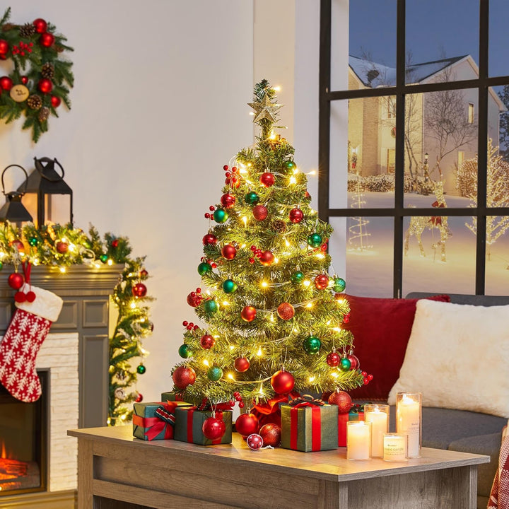 Yaheetech 90cm Mini Künstlicher Weihnachtsbaum mit 50 Warmweiss LED Beleuchtung & 60 Roten Beeren Kl