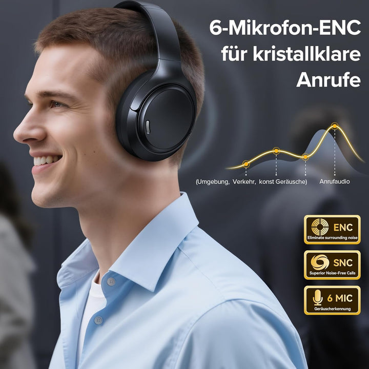 Bluetooth Over Ear Kopfhörer mit 6 ENC Mikrofonen & Hybrid ANC, 100 Std Akku, Faltbares Design, Komf