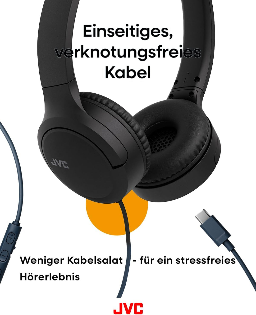 JVC HA-S33UC-B USB-C On-Ear-Kopfhörer, weiche Ohrpolster, faltbar, mit Mikrofon & 3-Tasten-Fernbedie