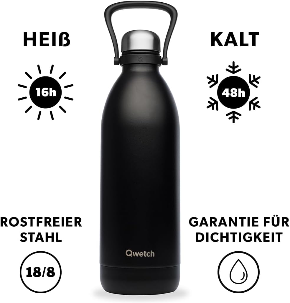 QWETCH - Isothermische Flasche - Titan Matt Schwarz 2L - 48h kalt & 16h heiss - BPA frei, wasserdich